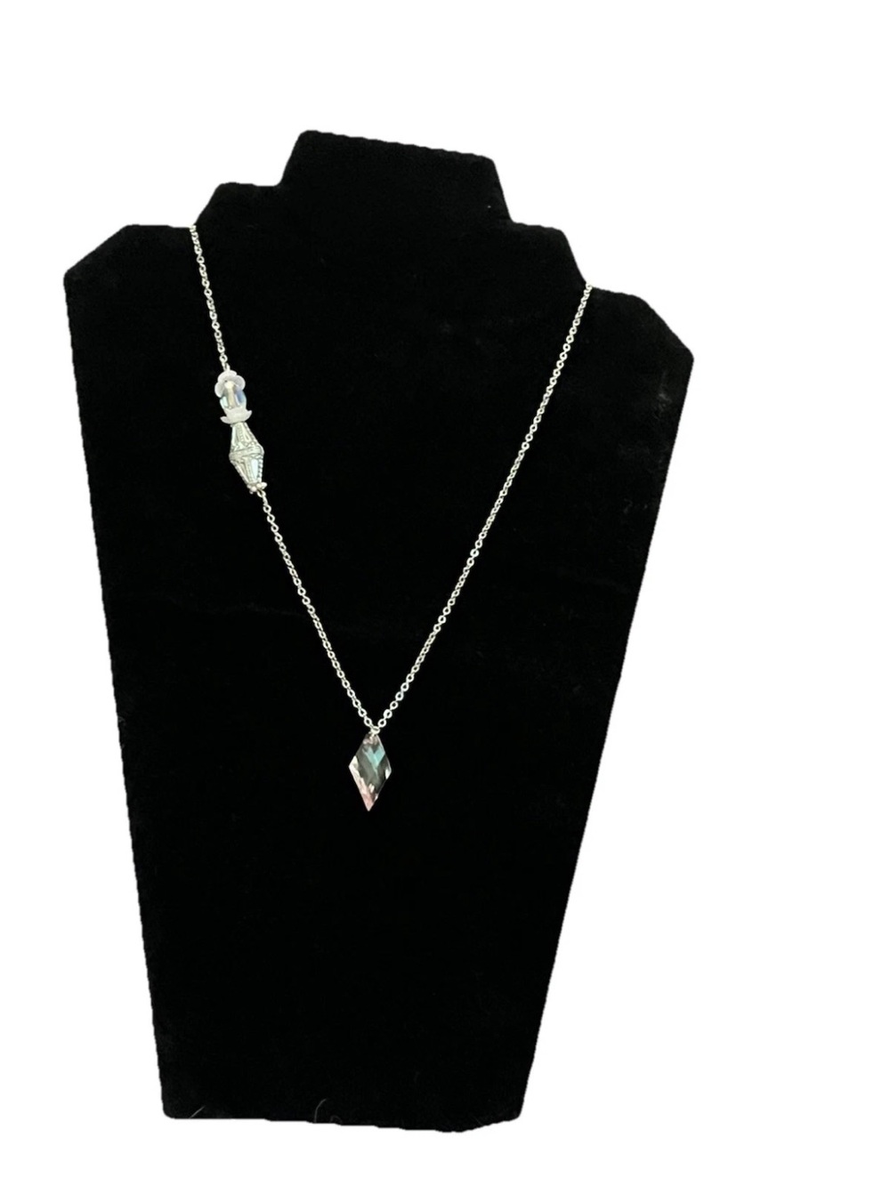 Iridescent Crystal Point Necklace with Ornate Silver Filigree Bead Long Silver